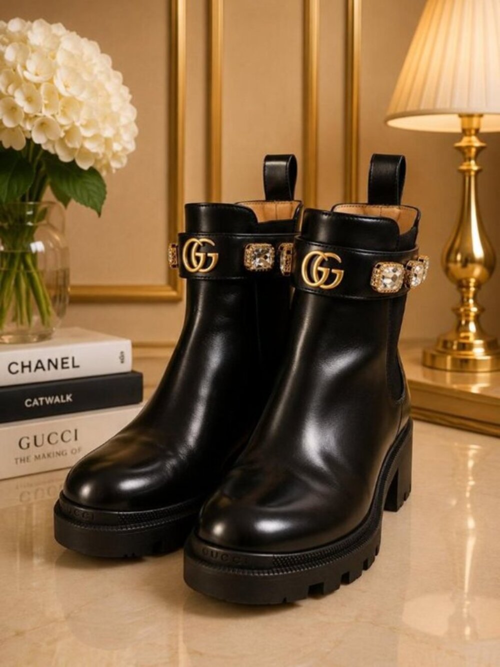 Authentic Gucci GG Crystal Black Leather Chelsea Boots Designer Shoes
